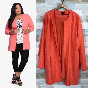 Torrid Long Jacquard Cocoon Coat Coral Orange Open Front Womens Plus Size 4X